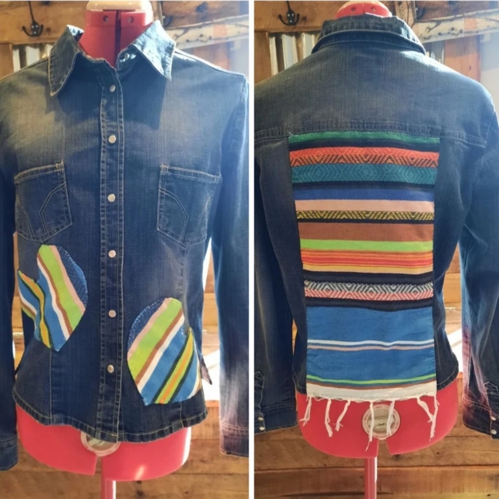 Upcycled Jean Jacket M Aztec Patch Shacket - image 1